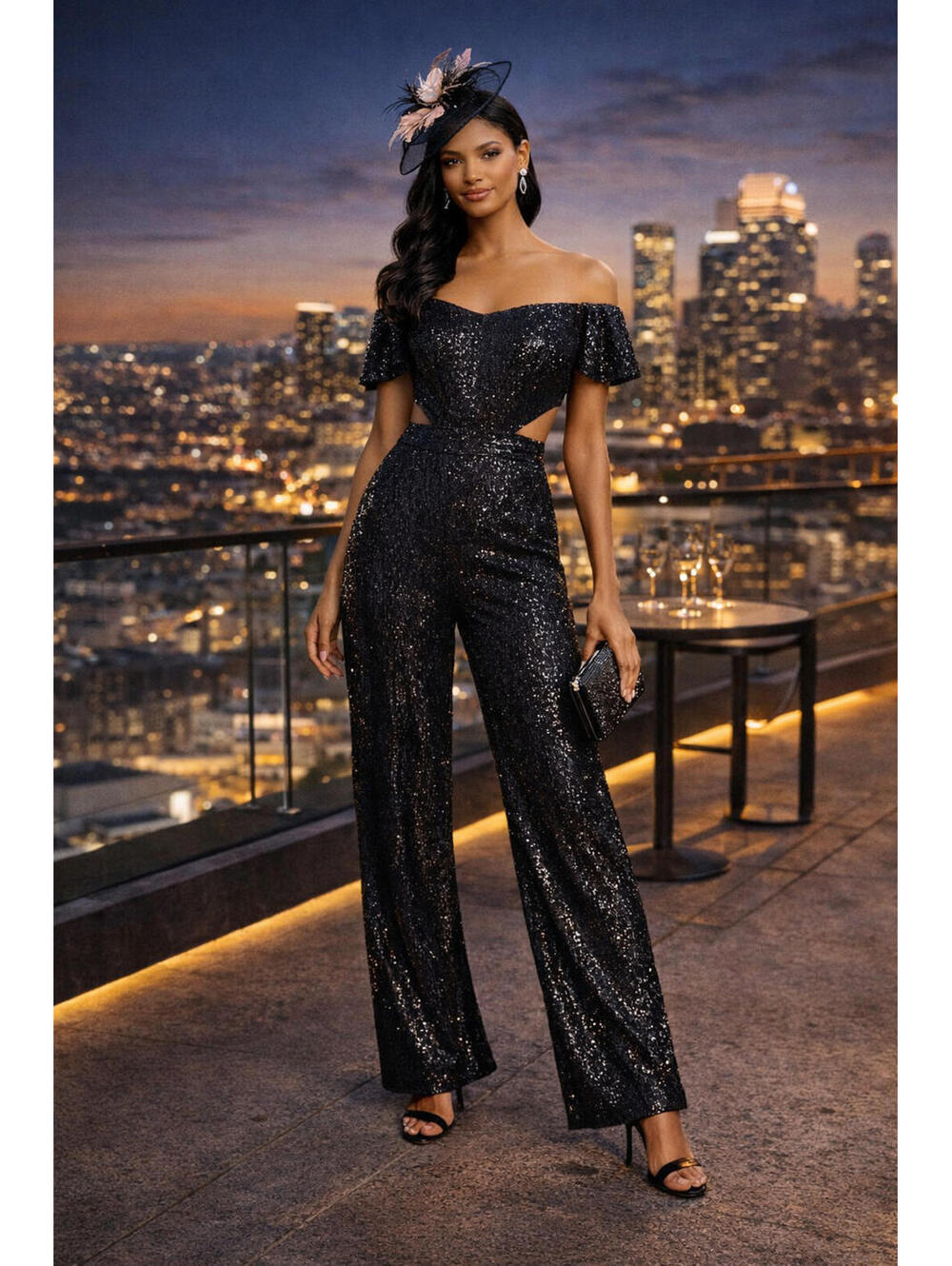 Ieena for Mac Duggal Black Sequin Jumpsuit Size 6 Wide Leg Cutout Evening NWT